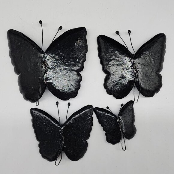 Hand Painted Ceramic Butterfly Wall Decor Hanging Blue & Black Set of 4 - Picture 6 of 8